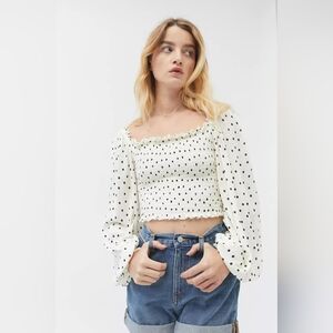 Urban Outfitters Super Soft Polka Dot Smoked Cropped Long Sleeve Top Small S